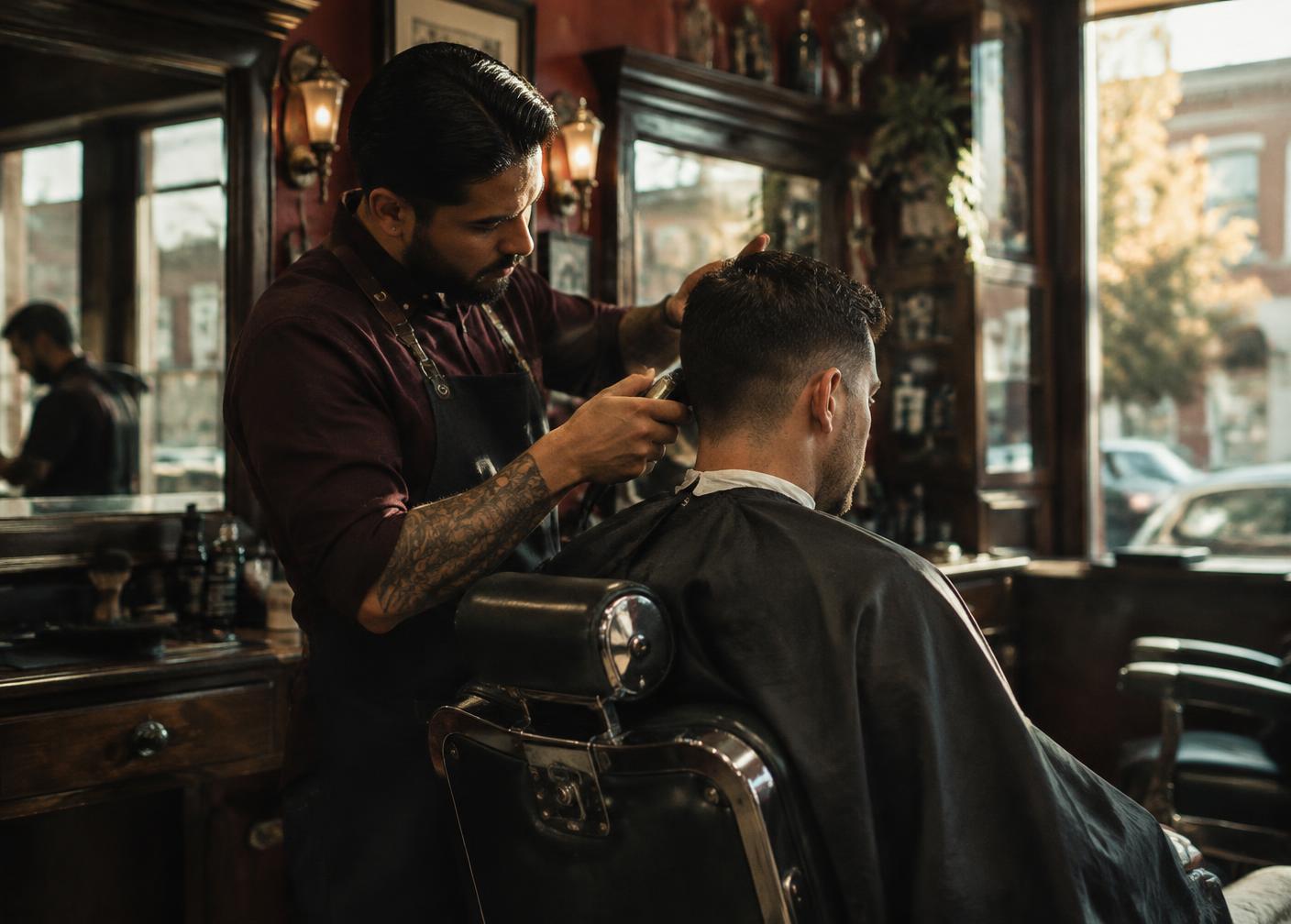 Barber giving a precise fade in a traditional shop
