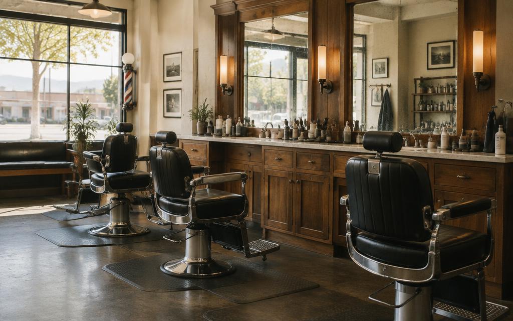 Warm wood interior of the Fremont barbershop